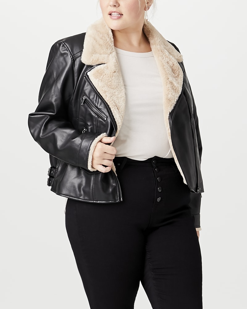 Courtney Plus Size Shearling Moto Jacket Black Tan